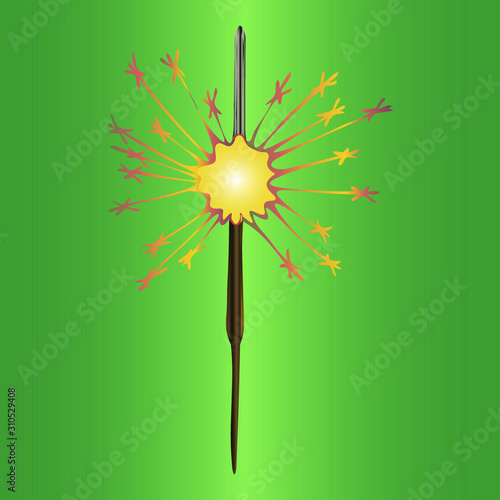 Sparkler. Bright sparks. Vector illustration. Isolated green background. Cartoon style. Pyrotechnics. Christmas. New Year. Festive print. Traditional attribute of the holiday. 
