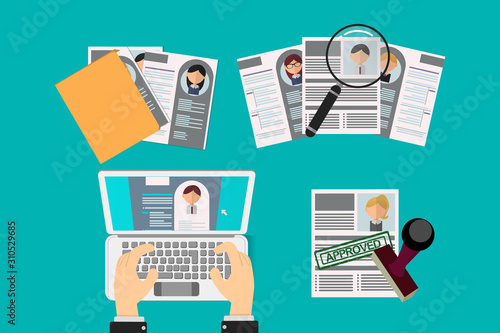 Office Recruiter Recruits Desk Resume Candidates for Vacancy. curriculum vitae approved for office worker. review of other candidates through computer and folders and magnifying glass
