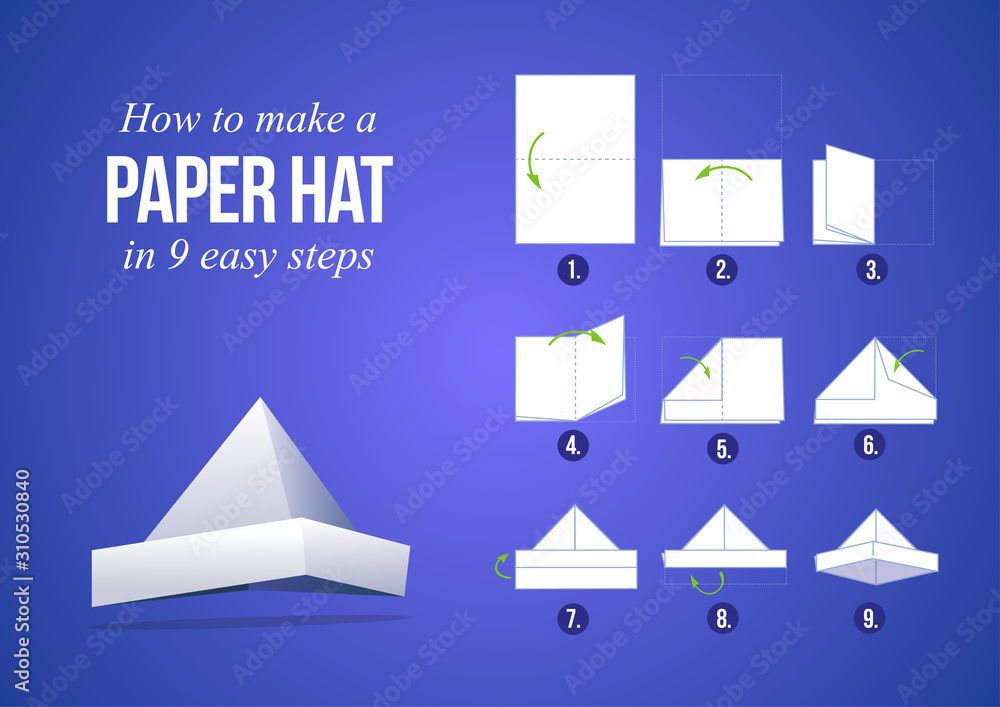 Instructions how to make a paper hat in 9 steps with purple background, DIY (do it yourself)