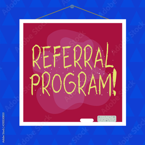 Conceptual hand writing showing Referral Program. Concept meaning internal recruitment method employed by organizations Asymmetrical uneven shaped pattern object multicolour design