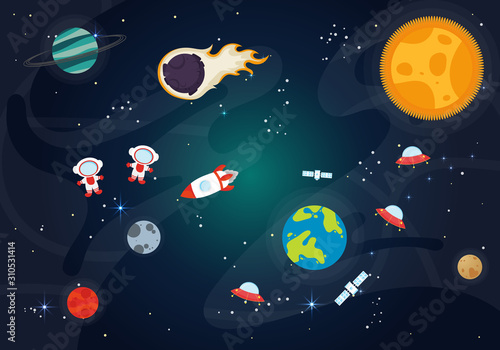 Vector Illustration Of Space. Space flat vector background with rocket, spaceship, moon, Jupiter, satellite, astronaut, planets and stars