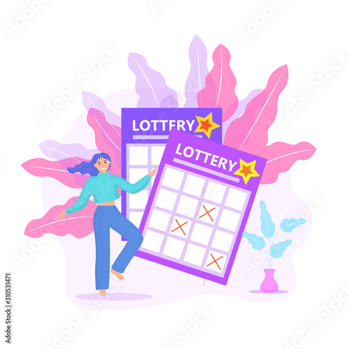 Lottery ticket, woman playing lotto, win icon flat style. Vector illustration