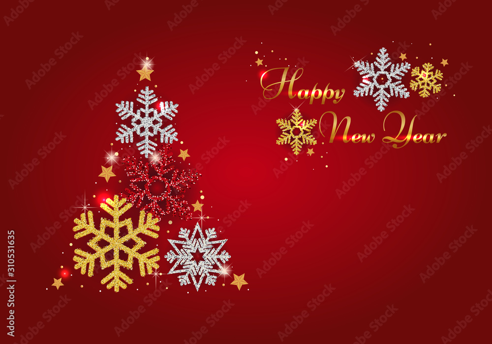 Christmas background with Shining Snowflakes. Christmas Greeting Card and Happy New Year Invitation. Christmas tree background with shining red snowflakes, stars. Vector illustration Christmas background with Shining Snowflakes. Christmas Greeting Card and Happy New Year Invitation. Christmas tree background with shining red snowflakes, stars. Vector illustration