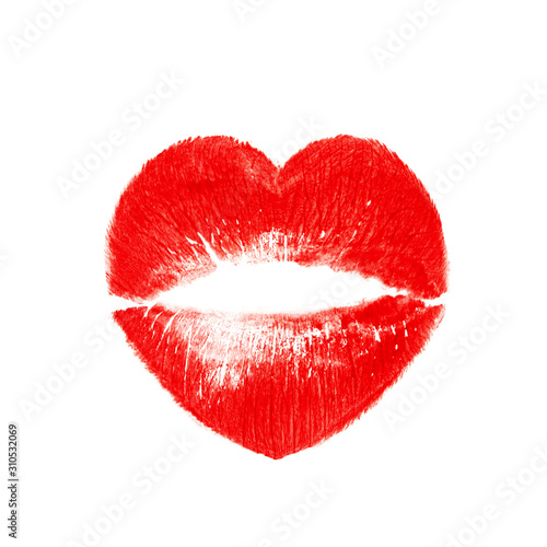 Print of red lips in shape of heart isolated on white. Concept of kiss and love. Valentine's Day Greeting card.
