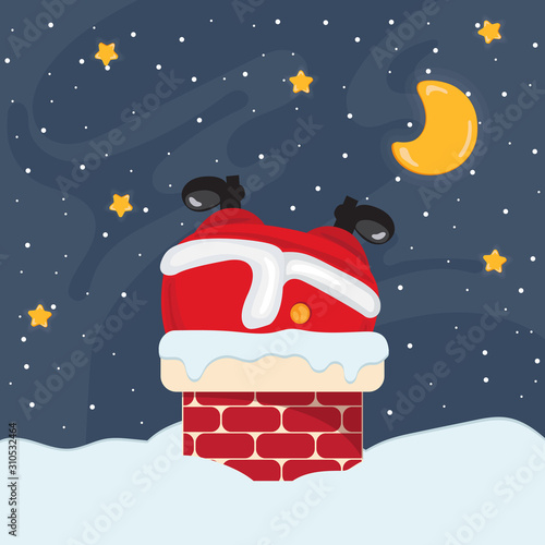 Santa Claus legs on white snow background. Creative Christmas composition. Humorous xmas collection. Festive background. Merry Christmass, Happy new Year, Happy Holidays.