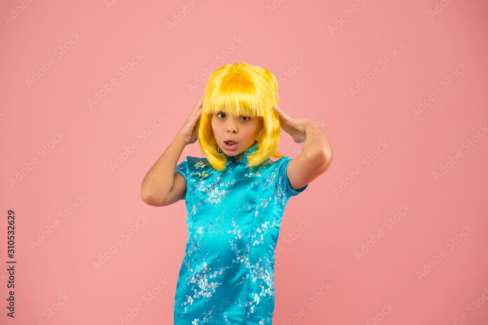japanese kimono. child national costume of japan. small girl traditional  eastern clothes. asian girl yellow hair wig. chinese carnival. pazzled kid  pink background. punchy pastels Stock Photo | Adobe Stock