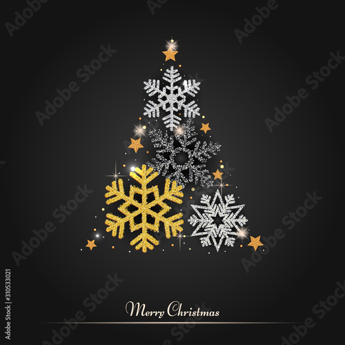 Christmas background with Shining Snowflakes. Christmas Greeting Card and Happy New Year Invitation. Christmas tree background with shining red snowflakes, stars. Vector illustration photo