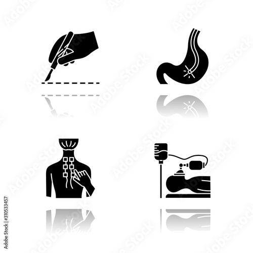 Medical procedure drop shadow black glyph icons set. Surgery. Endoscopy and gastroscopy. Digestive tract check. Physiotherapy. Back pain relief. Anesthesia. Clinical aid. Isolated vector illustrations