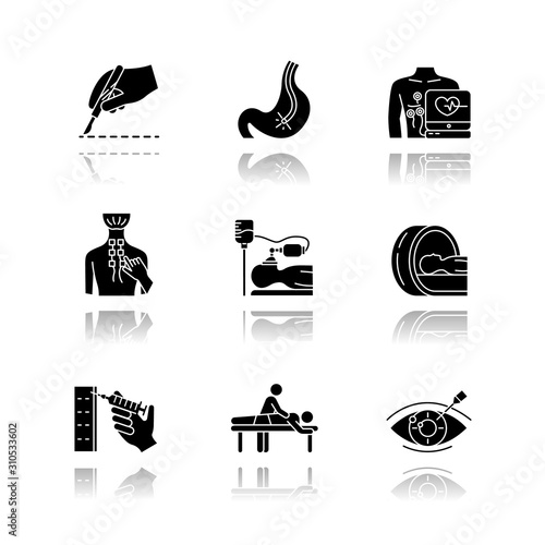 Medical procedure drop shadow black glyph icons set. Surgery. Endoscopy. Electrocardiogram. Physiotherapy. Anesthesia. Tomography, brain scan. Massage. Vision correction. Isolated vector illustrations