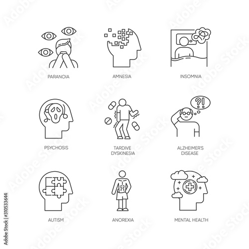 Mental disorder linear icons set. Paranoia, psychosis. Tardive dyskinesia. Alzheimer disease. Autism. Anorexia. Thin line contour symbols. Isolated vector outline illustrations. Editable stroke