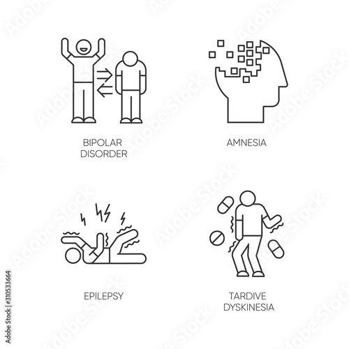 Mental disorder linear icons set. Bipolar disorder. Amnesia. Memory loss. Epileptic seizure. Tardive dyskinesia. vThin line contour symbols. Isolated vector outline illustrations. Editable stroke