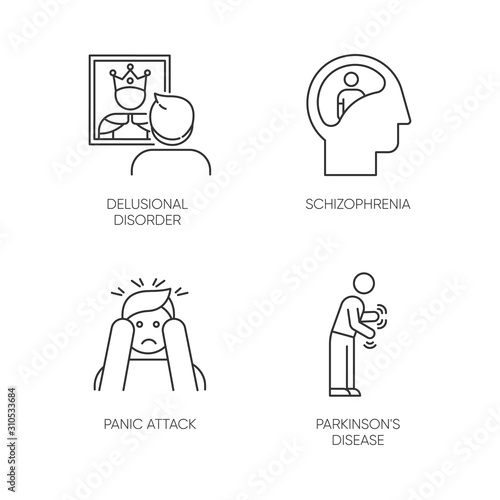 Mental disorder linear icons set. Delusional person. Schizophrenia. Panic attack. Parkinson disease. Dementia. Thin line contour symbols. Isolated vector outline illustrations. Editable stroke