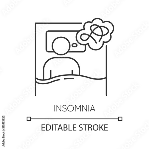 Insomnia linear icon. Sleep deprivation. Person awake. Sleeplessness. Exhaustion, fatigue. Mental disorder. Thin line illustration. Contour symbol. Vector isolated outline drawing. Editable stroke