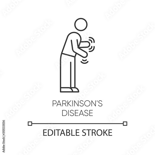 Parkinson's disease linear icon. Shaking, rigidity. Parkinsonism. Parkinsonian syndrome. Mental health issue. Thin line illustration. Contour symbol. Vector isolated outline drawing. Editable stroke