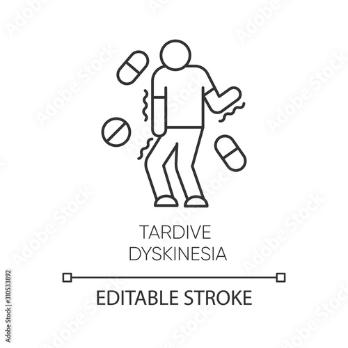 Tardive dyskinesia linear icon. Tremor from medication. Movement problem. Chorea, athetosis. Mental disorder. Thin line illustration. Contour symbol. Vector isolated outline drawing. Editable stroke