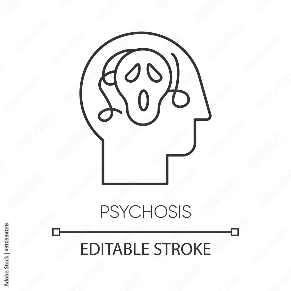 Psychosis linear icon. Paranoid and scared person. Confused mind. Schizophrenia. Depression. Mental disorder. Thin line illustration. Contour symbol. Vector isolated outline drawing. Editable stroke