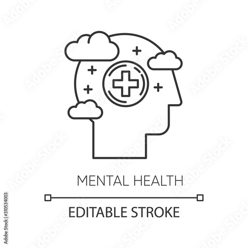 Mental health linear icon. Emotional wellness. Stress relief and wellbeing. Psychological support. Calm mind. Thin line illustration. Contour symbol. Vector isolated outline drawing. Editable stroke
