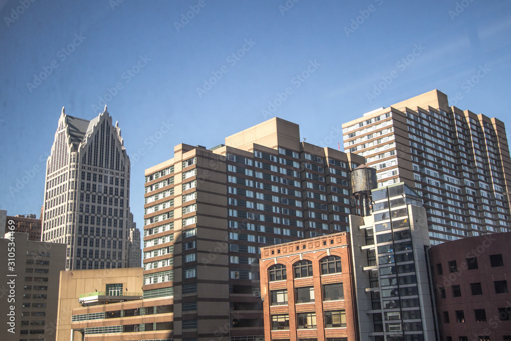 Detroit Michigan Skyline. Cityscape of skyscrapers and downtown Detroit Michigan skyline