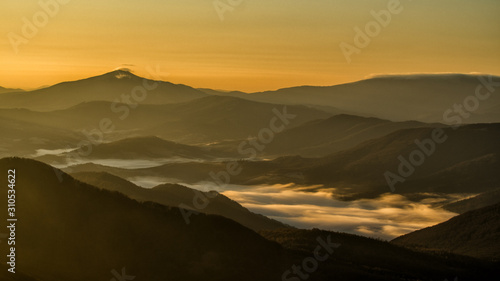 Fototapeta Naklejka Na Ścianę i Meble -  Awesone sunrise in the mountains. Bieszczady, the part of Carpathian Mountains. Poland.