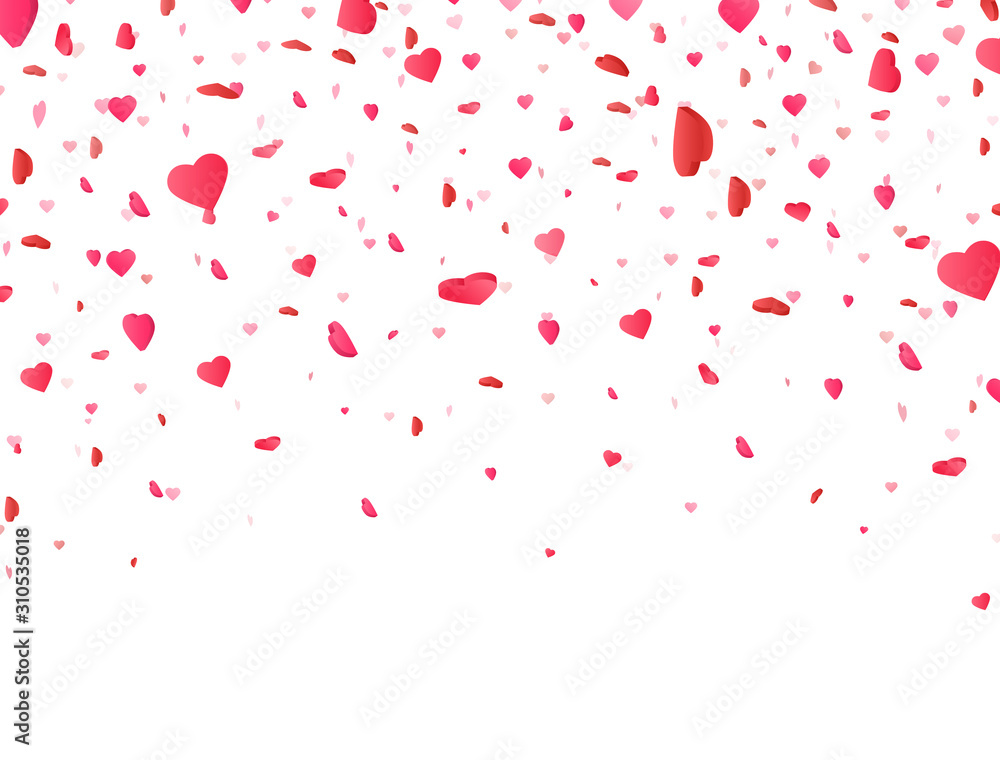 Heart confetti falling on white background. Valentines Day background with 3d pink and red hearts. Color confetti for greeting cards. Vector illustration