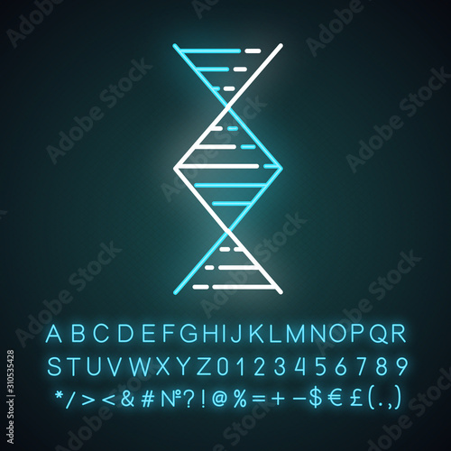 Diamond-shaped DNA helix neon light icon. Deoxyribonucleic, nucleic acid. Molecular biology. Genetic code. Genetics. Glowing sign with alphabet, numbers and symbols. Vector isolated illustration