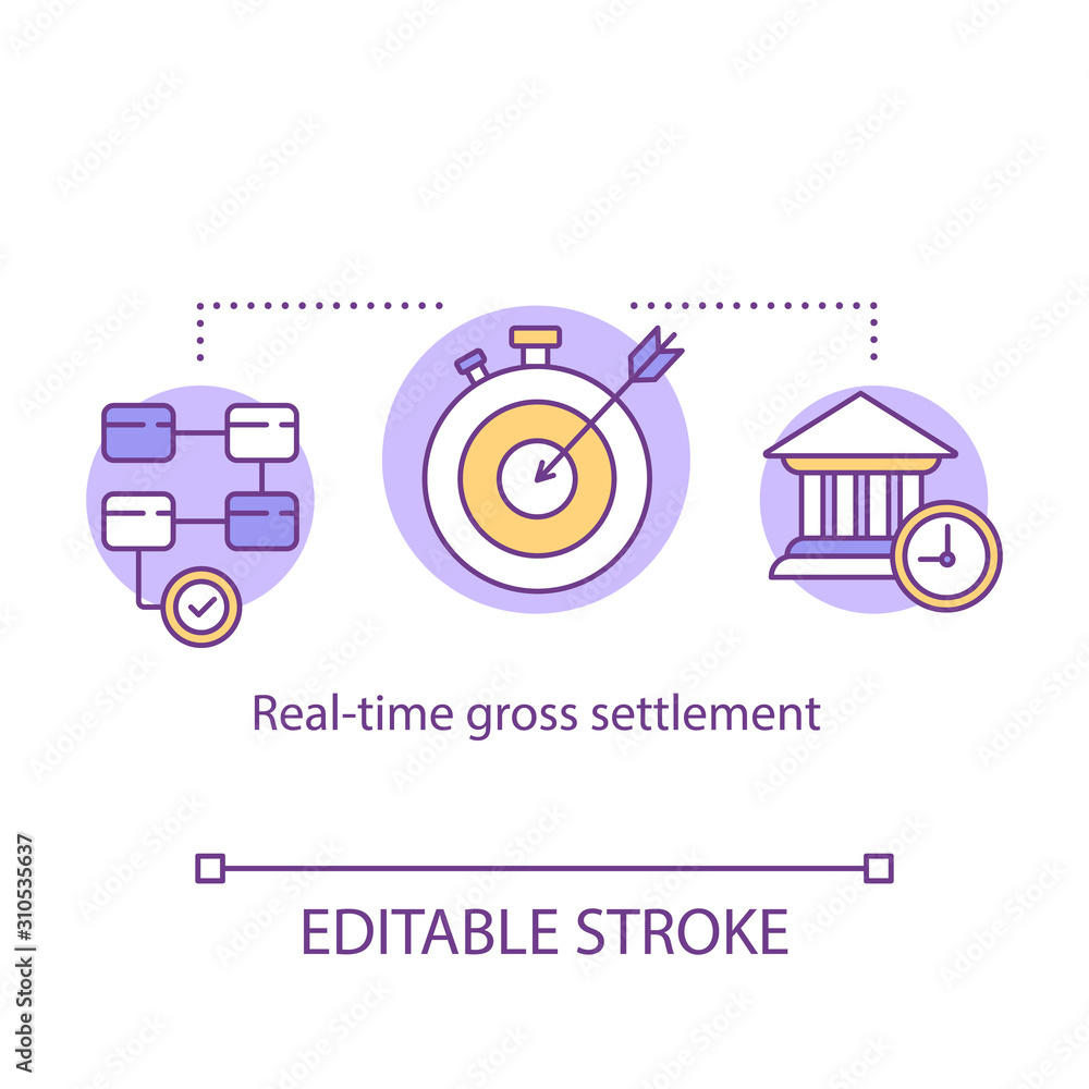 Real time gross settlement concept icon. Funds transfer system idea thin line illustration. RTGS. Payment settling. Financial operation. Vector isolated outline drawing. Editable stroke
