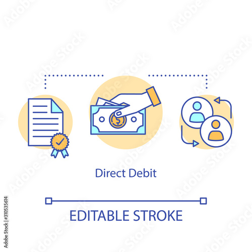 Direct debit concept icon. Money withdrawal idea thin line illustration. Finacial transaction. Online banking operation. Payment method. Vector isolated outline drawing. Editable stroke