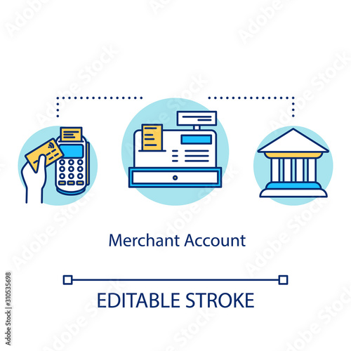 Merchant account concept icon. Payment transaction idea thin line illustration. Banking operation. Credit, debit card. Financial transfer. Vector isolated outline drawing. Editable stroke