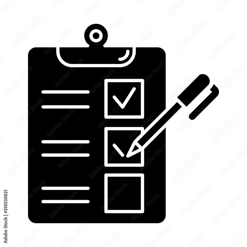 Survey questionnaire form glyph icon. Checklist. Customer service rating. Feedback. Evaluation. Social research. Data collection. Silhouette symbol. Negative space. Vector isolated illustration Survey questionnaire form glyph icon. Checklist. Customer service rating. Feedback. Evaluation. Social research. Data collection. Silhouette symbol. Negative space. Vector isolated illustration