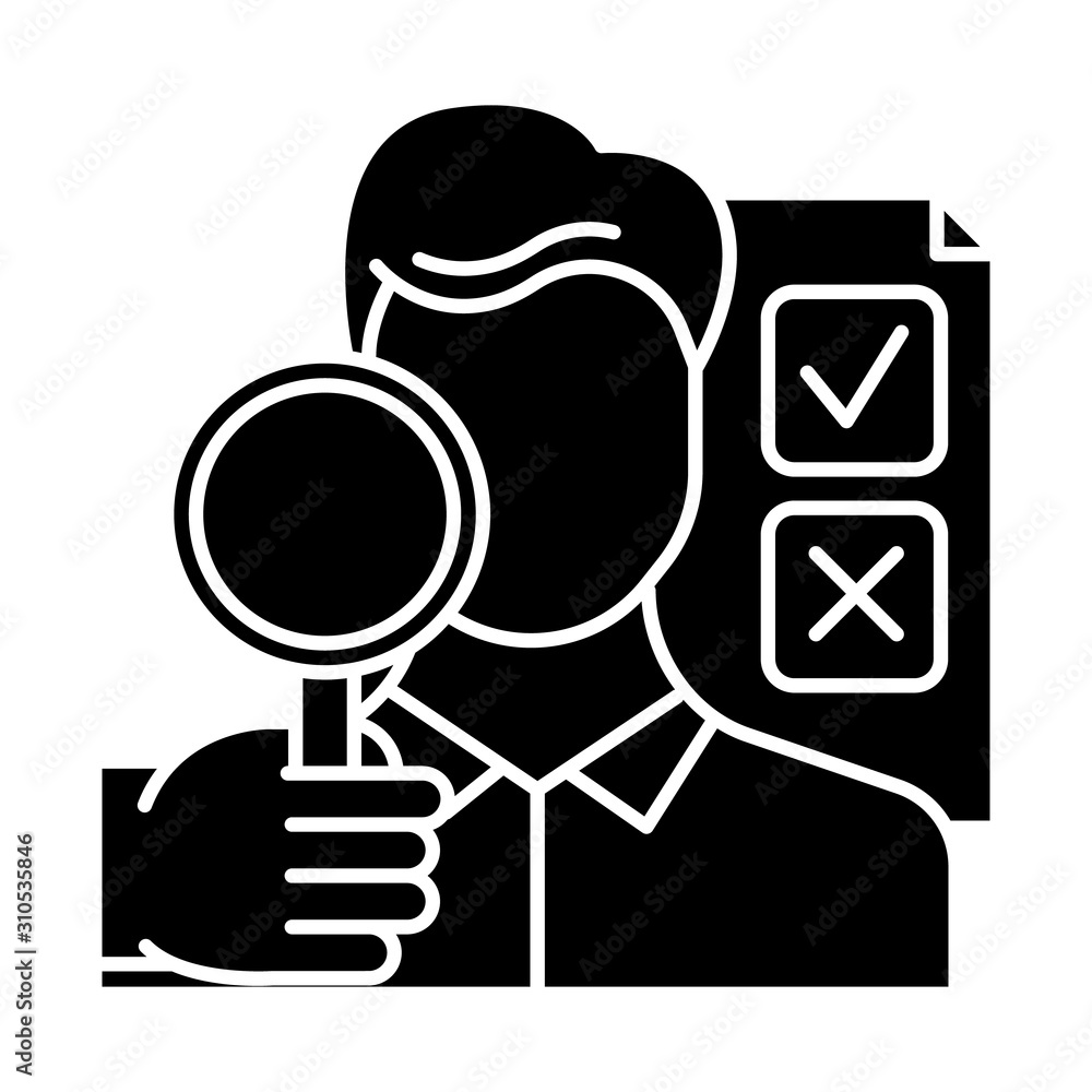 Survey interviewer glyph icon. Face-to-face interview. Human-assisted poll. Social research. Public opinion polling. Expert survey. Silhouette symbol. Negative space. Vector isolated illustration Survey interviewer glyph icon. Face-to-face interview. Human-assisted poll. Social research. Public opinion polling. Expert survey. Silhouette symbol. Negative space. Vector isolated illustration