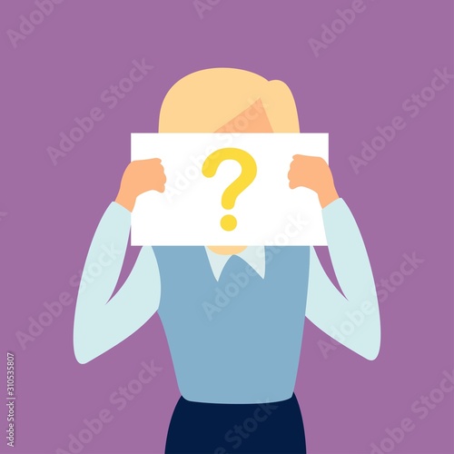 Anonymous with question mark. woman person not identified by name, unknown faceless user, incognito with concealed profile, business secrecy or obscurity, blind date partner. Vector illustration