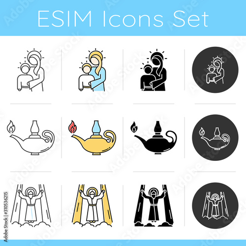 Bible narratives icons set. Virgin Mary, lamp, Ascension of Jesus Christ. New Testament. Gospel studying, learning. Flat design, linear, black and color styles. Isolated vector illustrations