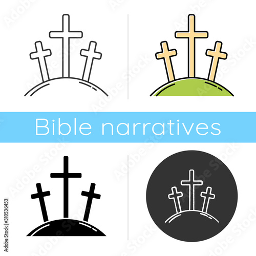 Calvary hill icon. Three crosses at Golgotha mountain. Crucifixion of Jesus Christ. Good Friday. New Testament. Bible narrative. Flat design, linear and color styles. Isolated vector illustrations