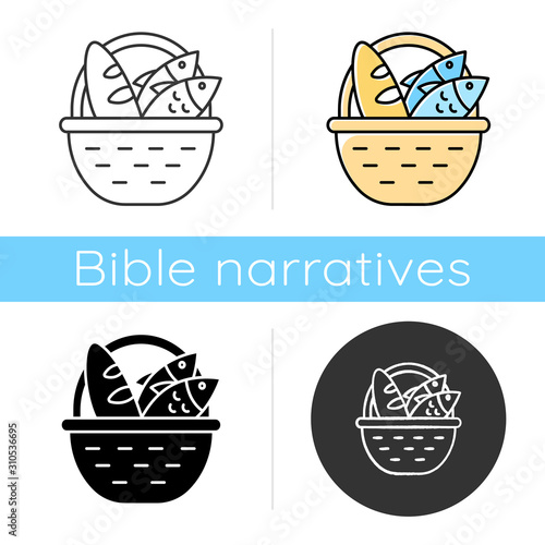 Bread and fish in basket icon. Feeding the multitude. Holy week. Miracle of Christ. Blessing food from Bible. New Testament. Flat design, linear and color styles. Isolated vector illustrations
