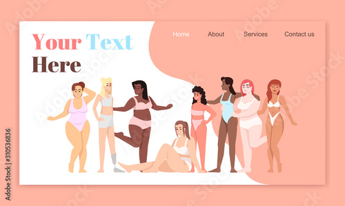Body positive landing page vector templates. Women dressed in swimsuits website interface idea with flat illustrations. Smiling ladies homepage layout. Feminism web banner, webpage cartoon concept