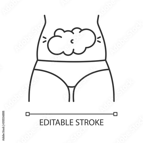 Bloating linear icon. Predmenstrual abdominal pain. Digestive tract problem. Stomach ache. Flatulence and gas. Thin line illustration. Contour symbol. Vector isolated outline drawing. Editable stroke