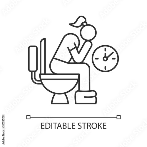 Constipation linear icon. Menstruation pain. Period problem. Girl in lavatory. Digestive tract problem. Thin line illustration. Contour symbol. Vector isolated outline drawing. Editable stroke