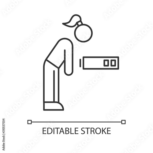 Fatigue linear icon. Tired girl. Overworked woman. Exhausted person. PMS symptom. Overwhelmed workaholic. Thin line illustration. Contour symbol. Vector isolated outline drawing. Editable stroke