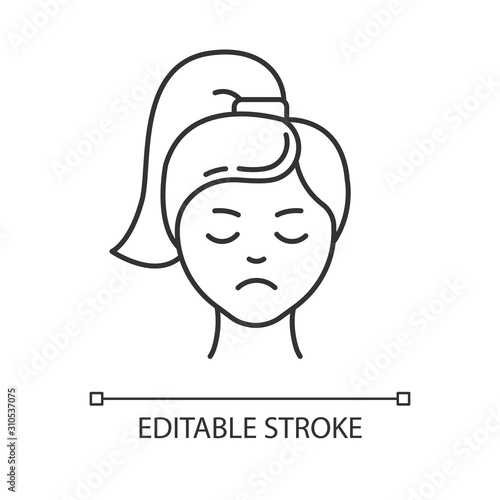 Sadness linear icon. Unhappy expression. Low mood. Emotionally drained girl. Loneliness and solitude. Thin line illustration. Contour symbol. Vector isolated outline drawing. Editable stroke