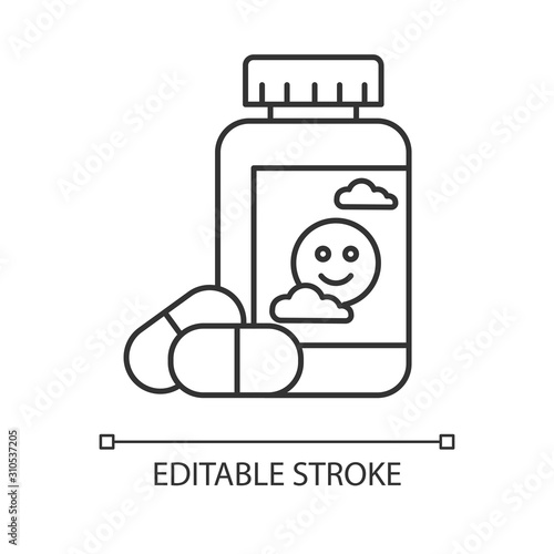 Antidepressant linear icon. Depression medication. Pills and drugs in bottle. Painkiller and supplement. Thin line illustration. Contour symbol. Vector isolated outline drawing. Editable stroke