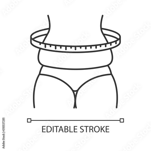 Weight change linear icon. Overweight female body measurement. Cellulite. Predmenstrual syndrome symptom. Thin line illustration. Contour symbol. Vector isolated outline drawing. Editable stroke