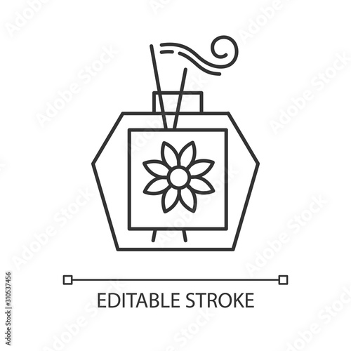Aromatherapy linear icon. Scented sticks in glass jar. Essential oils for relaxation. Selfcare and wellness. Thin line illustration. Contour symbol. Vector isolated outline drawing. Editable stroke