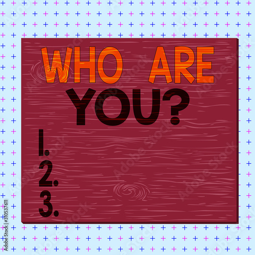 Word writing text Who Are You Question. Business photo showcasing asking about someone identity or demonstratingal information Square rectangle unreal cartoon wood wooden nailed stuck on coloured wall