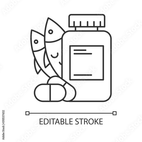 Vitamin intake linear icon. Fish oil supply. Omega-3 supplement. Medication and pills. Multivitamin complex. Thin line illustration. Contour symbol. Vector isolated outline drawing. Editable stroke