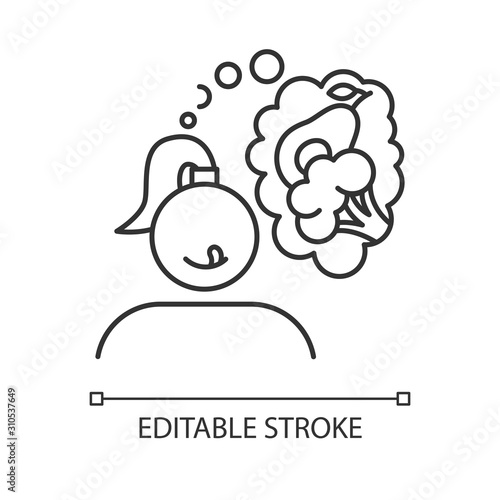 Vegetable carving linear icon. Hungry for healthy food. Broccoli and avocado. Vegan girl. Appetite and hunger. Thin line illustration. Contour symbol. Vector isolated outline drawing. Editable stroke