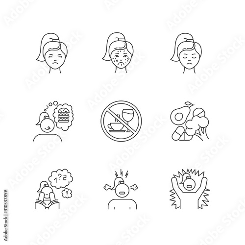 Predmenstrual syndrome linear icons set. Facial treatment. Acne and pimples. Food craving. Healthcare. Thin line contour symbols. Isolated vector outline illustrations. Editable stroke. Perfect pixel