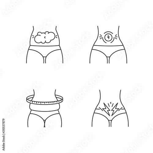 Abdominal pain linear icons set. Bloating and flatulence. Female weight gain. Predmenstrual syndrome. Thin line contour symbols. Isolated vector outline illustrations. Editable stroke. Perfect pixel