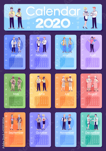 Professions 2020 calendar design template, cartoon flat characters. Workers in uniform. Occupation and career. Wall poster, vector calender creative pages layout pack. Month planner mockup, outline
