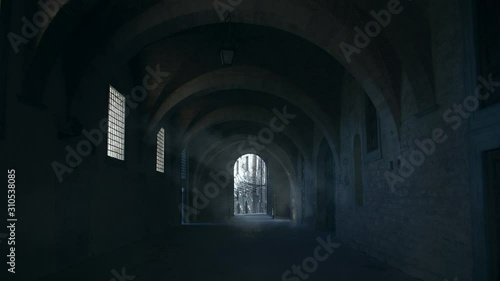 Dark jail dungeon, evil fog-smoke entering from vindows.Cinemagraph.4k