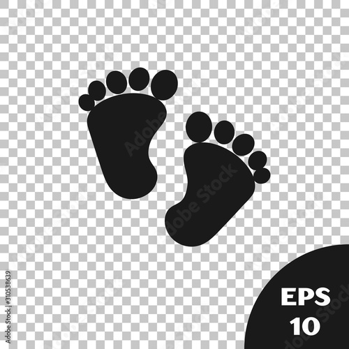 Black Baby footprints icon isolated on transparent background. Baby feet sign.  Vector Illustration
